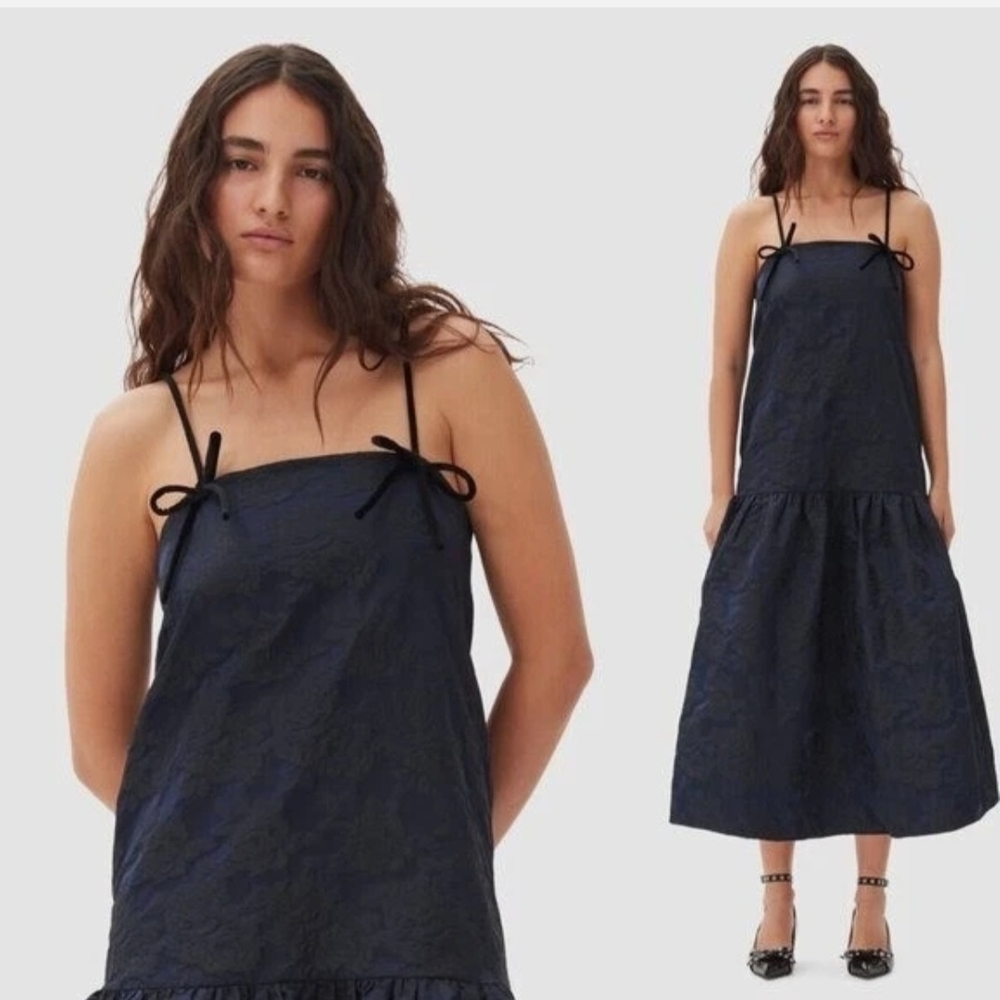 NWT | Ganni Midnight Blue Midi Dress | Size 2 | Textured Velvet